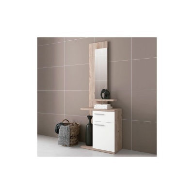 Móvel de entrada com espelho, prateleira e armário em madeira clara e branco