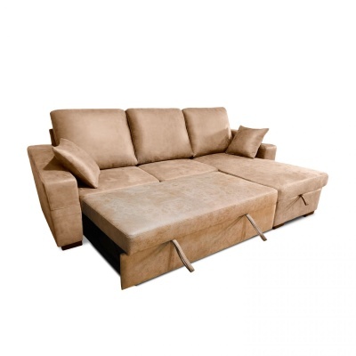 Sofá-cama bege com chaise longue e almofadas
