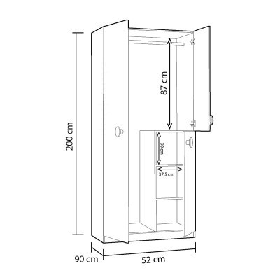 Desenho técnico de armário branco com medidas e compartimentos internos