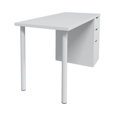 Mesa de escritório branca com três gavetas e pernas cilíndricas