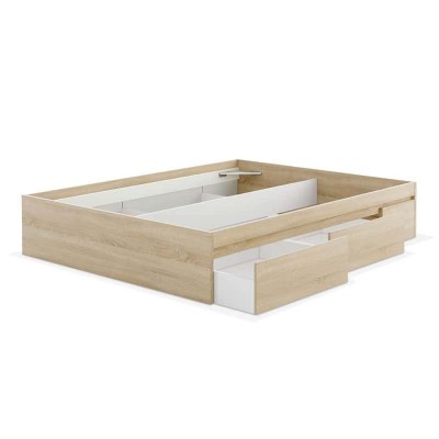 Cama de solteiro em madeira clara com gavetas brancas embutidas