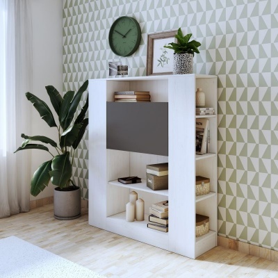 Estante branca com televisão, livros, vasos e planta numa sala com papel de parede geométrico