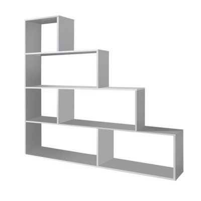 Estante modular branca com cinco prateleiras em forma de escada