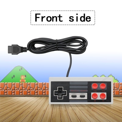 Comando de videojogo retro com botões vermelhos e fundo de jogo pixelado