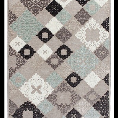 Tapete decorativo com padrão geométrico e ornamentos florais em tons neutros e azul-turquesa