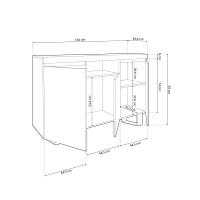 Diagrama de móvel de canto branco com medidas em centímetros