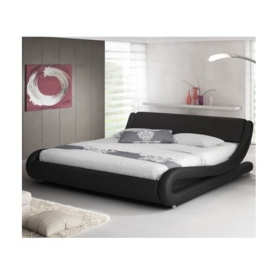 Cama moderna preta estofada com roupa de cama cinza e almofada, quadro abstrato rosa na parede e luminária branca