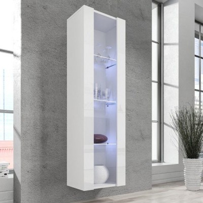 Montra de parede alta branca com porta de vidro transparente e iluminação LED