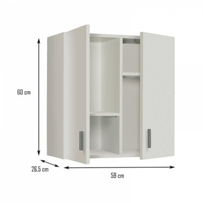 Armário de cozinha branco com duas portas e prateleiras internas
