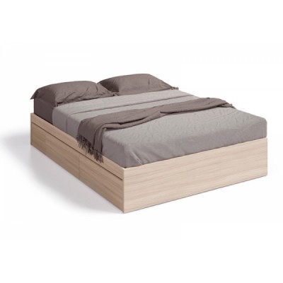 Cama de madeira clara com roupa de cama cinza e gavetas laterais