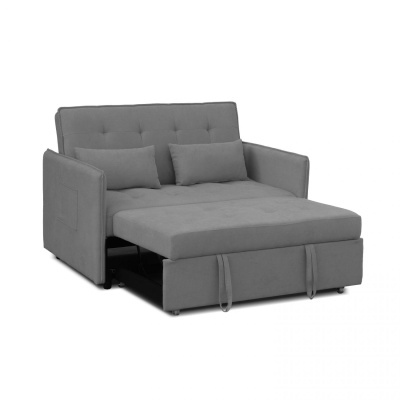 Sofá cama cinza com almofadas e assento extensível