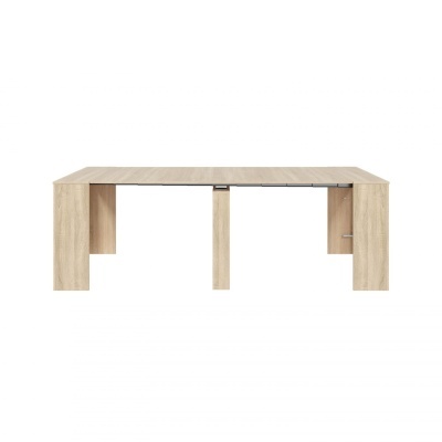 Mesa de madeira clara com pernas retangulares e design simples