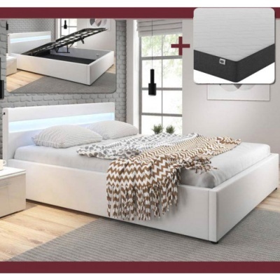 Cama de Casal + Colchão 180x200cm estrado elevatório e luz LED - Disponível em 2 cores e 2 medidas