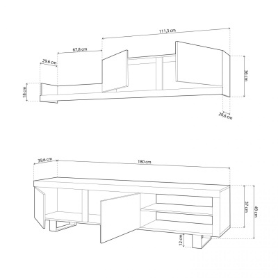Desenho técnico de móvel de sala em madeira clara com portas e medidas em cm