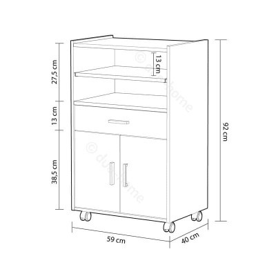 Desenho técnico de móvel branco com prateleiras, gaveta e portas, com medidas indicadas.