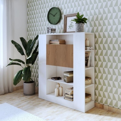 Móvel branco com detalhes em madeira clara numa sala de estar com planta e papel de parede geométrico verde.