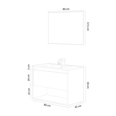 Desenho técnico de móvel de casa de banho branco com lavatório, gaveta, prateleira aberta e espelho