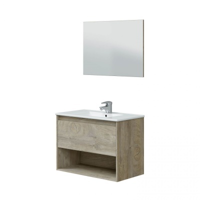 Móvel de casa de banho madeira clara com lavatório branco e espelho