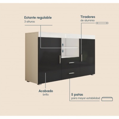 Móvel preto e branco com estante ajustável e puxadores de alumínio