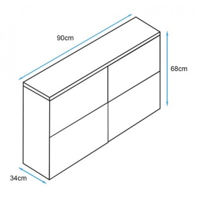 Desenho técnico de móvel retangular com quatro portas e medidas em centímetros