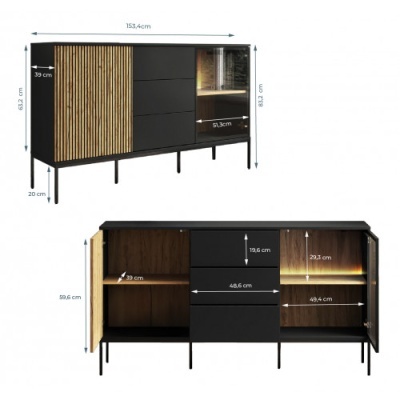 Aparador 3 gavetas e 2 portas com luz LED