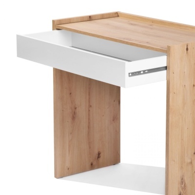 Móvel em madeira clara com gaveta branca aberta