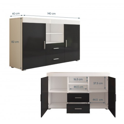 Aparador em branco e preto com portas e gavetas, medidas detalhadas em centímetros