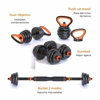 Equipamento de exercício com halteres pretos e laranja, suporte push-up e barra ajustável.
