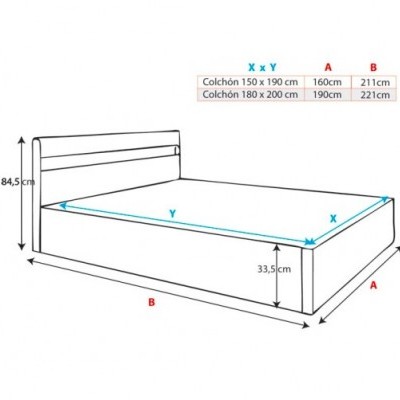 Cama de casal, estrado elevatório, luz LED e Colunas integradas - Disponível em 2 cores e 2 medidas