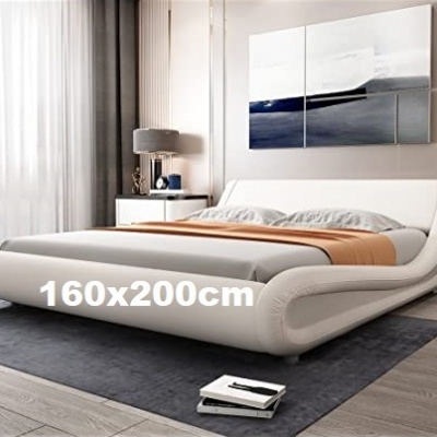 Cama estofada branca moderna em quarto com decoração minimalista e quadro abstrato na parede.