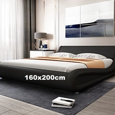 Cama preta moderna de 160x200cm com roupa de cama branca e bege em quarto contemporâneo