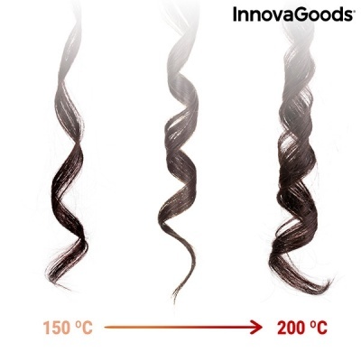 Mechas de cabelo enroladas com temperaturas de 150 ºC a 200 ºC e texto InnovaGoods