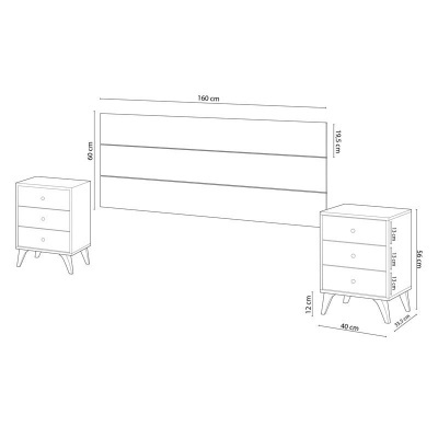 Desenho técnico de cabeceira de cama com duas mesas de cabeceira, respetivas medidas detalhadas em centímetros.