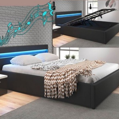 Cama de casal, estrado elevatório, luz LED e Colunas integradas - Disponível em 2 cores e 2 medidas