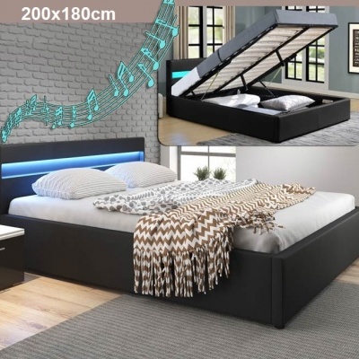 Cama de casal 200x180cm com estrado elevatório, luz LED e Colunas integradas - Disponível em 2 cores