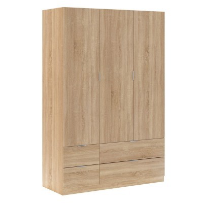 Roupeiro de madeira clara com três portas e três gavetas