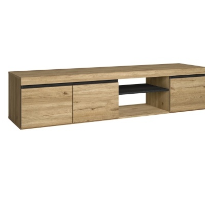 Móvel de televisão em madeira carvalho com três portas e prateleira preta.