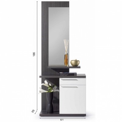 Móvel de entrada moderno com espelho e prateleiras em madeira escura e branca