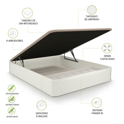 Cama branca com base de arrumação aberta mostrando divisórias, com texto e ícones descritivos
