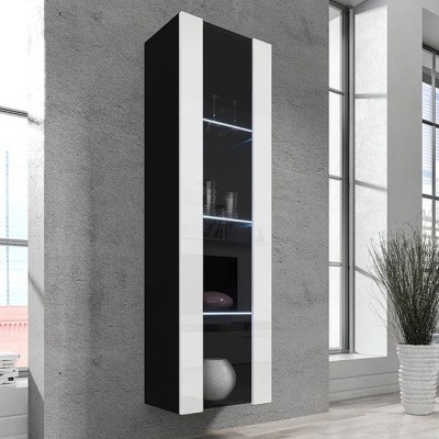 Armário de parede preto e branco com vidro e iluminação led