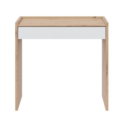 Mesa de madeira clara com gavetão branco e topo elevado nas laterais