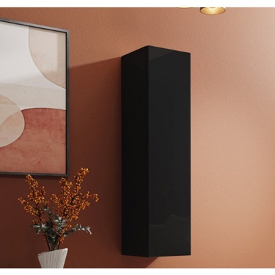 Armário preto de parede em ambiente com parede terracota e vaso de flores