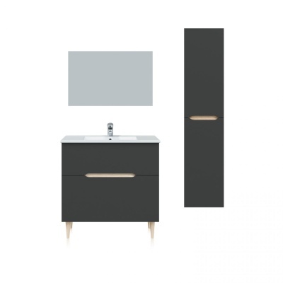 Conjunto de móvel de casa de banho com lavatório, armário inferior e armário alto cinza escuro e espelho