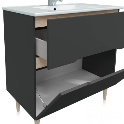 Móvel de lavatório preto com gavetas e tampo branco