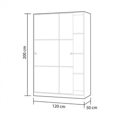 Desenho técnico de roupeiro com portas deslizantes e prateleiras laterais com medidas