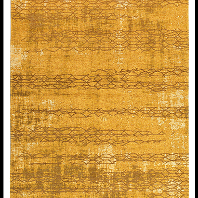 Tapete amarelo com padrão geométrico castanho e textura macia