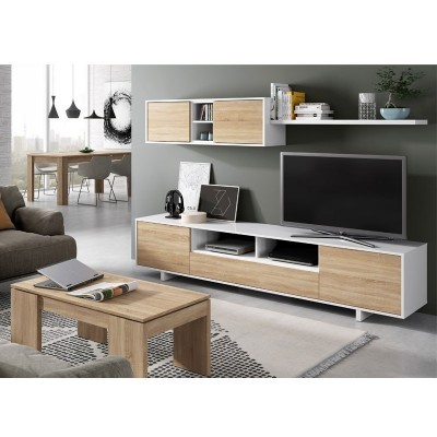 Móvel TV branco e madeira clara com estante suspensa, mesa de centro de madeira clara, sofá cinza e tapete cinza com padrão geométrico