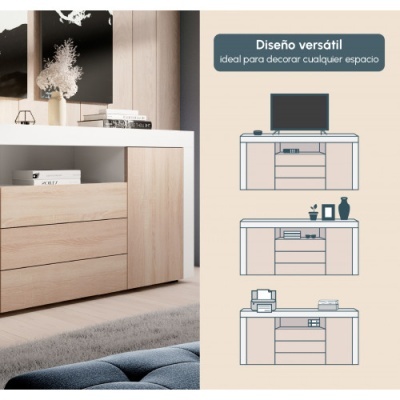 Móvel de madeira clara com gavetas, decoração e texto sobre design versátil