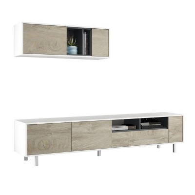 Conjunto de móveis para sala com madeira clara, branca e preta, com livros e vaso decorativo