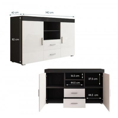 Aparador preto com portas e gavetas brancas e medidas indicadas
